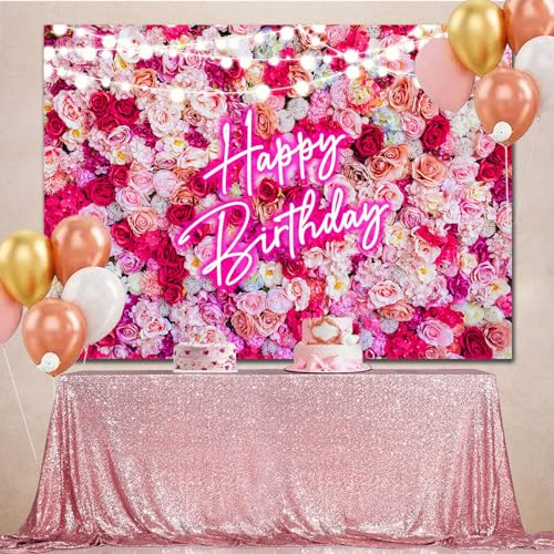 Pink Flower Happy Birthday Backdrop Banner Decorations for Women,Pink Neon Birthday Sign Backdrops Banner Red Rose Flowers Photography Background Girls Bday Party Decor Photo Booth Props 7x5ft - size: 7ft(W) x 5ft(H)