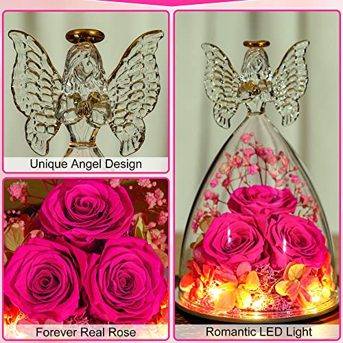Mothers Day Rose Gifts for Women Preserved Real Flower in Glass Angel Figurines Roses for Delivery Prime Birthday Gifts for Mom Grandma Girlfriend Wife Her - Hot Pink - color: Hot Pink