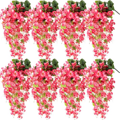 XunYee 8 Pcs Artificial Hibiscus Flowers for Outdoors Spring Summer Decor Fake Hanging Flowers Plants Uv-Resistant Faux Hibiscus Flower for Outside Porch Patio Front Door (Pink) - color: Pink