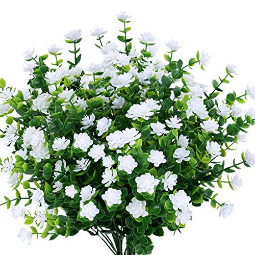 10PCS Artificial Flowers, Fake Artificial Greenery UV Resistant No Fade Faux Plastic Plants for Wedding Bridle Bouquet Indoor Outdoor Home Garden Kitchen Office Table Vase(White) - color: White