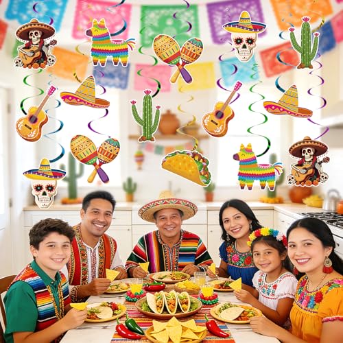 24Pcs Cinco De Mayo Hanging Decorations, Mexican Fiesta Party Ceiling Streamers Cutouts, Mexican Theme Hanging Swirls for Taco Birthday Party Home Office Classroom Ceiling Decoration Baby Shower - color: Yellow