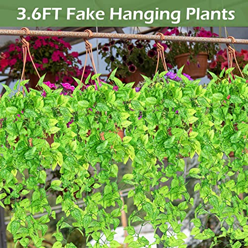 Hoteam 12 Pcs Artificial Hanging Plants 32 Inch Fake Ivy Vines with Fake Leaves Patio Artificial Plants Greenery for Living Room Indoor Outdoor Wall, No Basket (Marble Queen Pothos) - color: Marble Queen Pothos