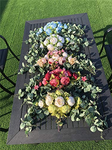 H&S BRIDAL Wedding Arch Flowers, 30 Inch Rustic Artificial Floral Swag for Door Lintel, Green Leaves Rose Peony Sunflowers Table Centerpieces Home Decoration - color: Blue