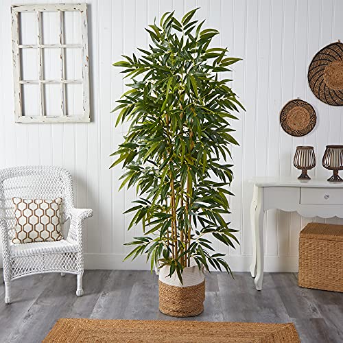 Nearly Natural 75in. Bamboo Artificial Tree in Handmade Natural Jute and Cotton Planter, Green