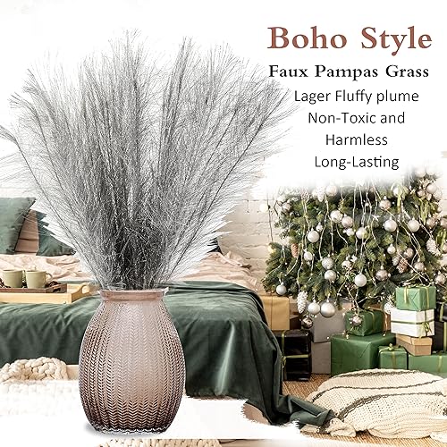 Silver Pampas Grass Decor, 30 Pcs 17" Faux Pampas Grass Short Decor, Pompas Grass Flower Arrangement and Vase Filler for Boho Home Wedding Decoration - color: Sliver, size: 17'' Tall