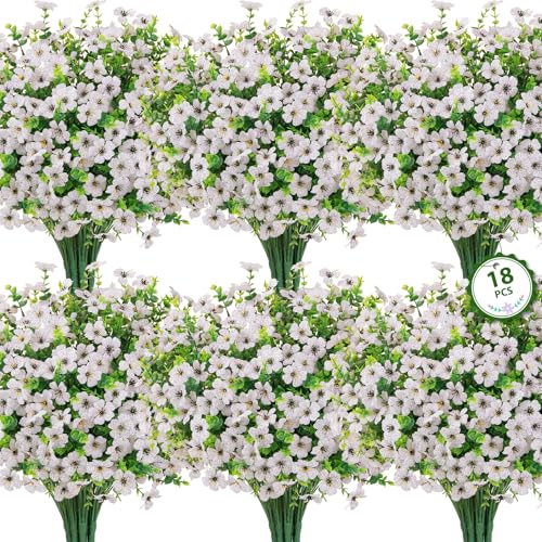 Roberly Artificial Flowers for Outdoors, UV Resistant Silk Faux Flowers Daisy with Eucalyptus Greenery Stems Fake Plastic Plants for Spring Summer Patio Garden Home Decor, 18 Bundles, White - color: White