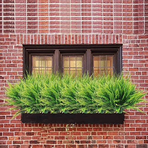 20 Bundles Artificial Plants, Fake Boston Fern Greenery Outdoor UV Resistant No Fade Faux Plastic Plants Garden Porch Window Box Decorations