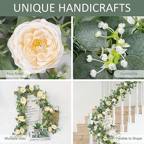 TOCHGREEN 2 Pack 12Ft Artificial Eucalyptus Flower Garland with Champagne Roses, Fake Rose Flower Greenery Garland Floral Vines for Wedding Home Party Table Runner Decor (2PCS, Champagne) - color: Champagne, size: 2PCS