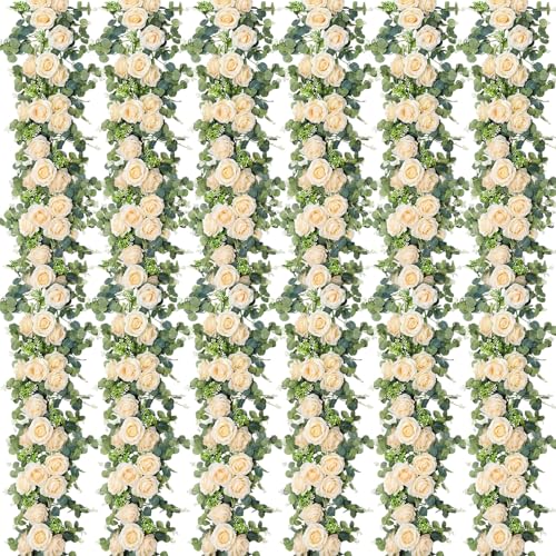 Riceshoot 6 Pcs 26 ft Artificial Eucalyptus Vines Garland with Flowers Faux Floral Greenery Garlands Rose Wreath for Wedding Party Arch Table Decor Backdrop Decorations (Champagne) - color: Champagne