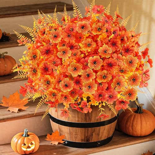 16PCS Artificial Fall Flowers for Outdoors, Realistic Faux Silk Flowers with Eucalyptus & Ferns, Fake Plants for Outside Planter, Patio, Porch, Garden Decor(Mixed) - color: Mix Fall, size: 16PCS