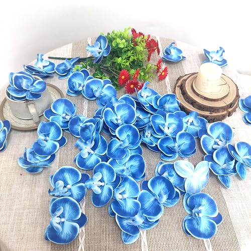 Fake Blue Orchids Artificial Flowers Heads, 3.5''Fake Orchid Heads for Wedding Floral Bouquet Decor DIY Craft Making Bridal Shower Photography Props (80, Blue) - color: Blue