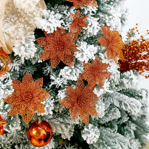 Wironlst 24 Pieces Glitter Poinsettia Flowers Christmas Tree Ornaments, Glitzy Poinsettia Bushes Christmas Decorations for Xmas/Holiday/Seasonal/Wedding (Orange) - color: Orange