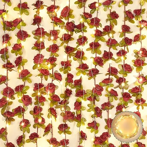 BLEUM CADE 5Pcs 41Ft Flowers Garland Artificial Rose Vines with 32.8Ft String Lights, Cute Fake Hanging Flower Vines Floral Garland Decorations for Wedding Party Wall Room Decor Aesthetic - color: Burgundy Red With Lights, size: 5 Pcs