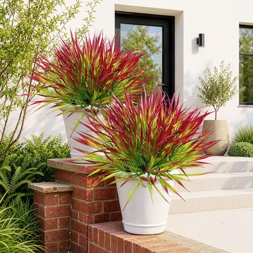 Uieke 28 Bundles Artificial Outdoor Plants UV Resistant Fake Grass Plants Faux Plastic Plants Greenery Shrubs for Home Garden Pathway Window Box Front Porch Summer Fall Decor, Deep Red - color: Deep Red, size: 28