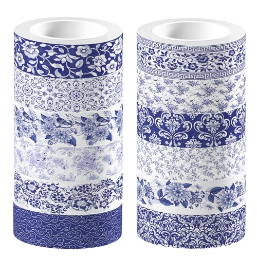 Bolsome 12Rolls Blue Floral Washi Tape Vintage Flowers Washi Tape Chinoiserie Design Decorative Tape for Wedding Birthday Envelope Scrapbook Craft Supplies