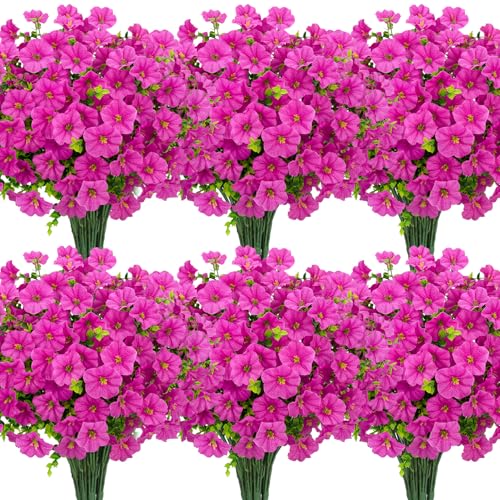 Roberly 12 Bundles Artificial Flowers for Outdoors, Fake Flowers Silk Morning Glory with Eucalyptus UV Resistant Faux Plants for Spring Summer Garden Outside Porch Patio Yard Home Decor, Rose Red - color: Rose Red