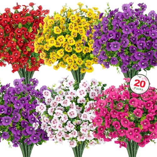 Roberly 20 Bundles Artificial Flowers for Outdoors, Fake Silk Flowers with Plastic Eucalyptus Greenery Stems Realistic Faux Plants for Spring Summer Porch Patio Yard Garden Home Decor, Mixed Color - color: Mixed Color