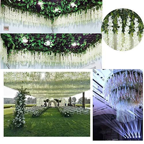 U'Artlines 24 Pack (Total 86.4 Feet) Artificial Fake Wisteria Vine Rattan Hanging Garland Silk Flowers String Home Party Wedding Decor (24, White) - color: White