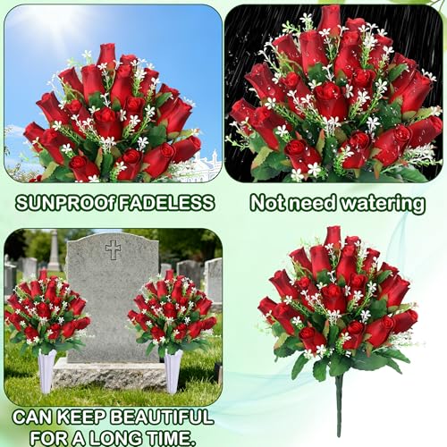 Artificial Cemetery Flowers for Grave,2Pack Memorial Roses Bouquets with Vase for Grave Tombstone Decorations (Red) - color: Red