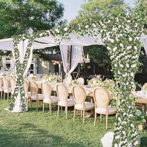 MAKHOT 2Pack White 6.6 Ft Eucalyptus Garland with Lovely Faux Rose Flowers, Artificial Eucalyptus and Rose Garlands Decor, Floral Greenery Garland for Wedding Home Table Decor (White) - color: White-2pcs