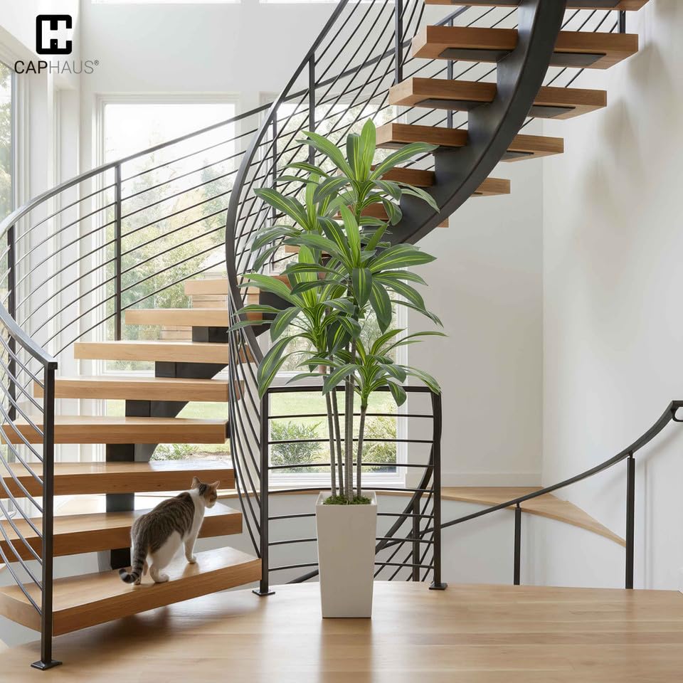 Fencer Wire Artificial Dracaena Tree 5FT – Tall Faux Dracaena Floor Plant in White Planter, Low Maintenance Large Indoor Tree for Living Room Office Corner - size: 5ft
