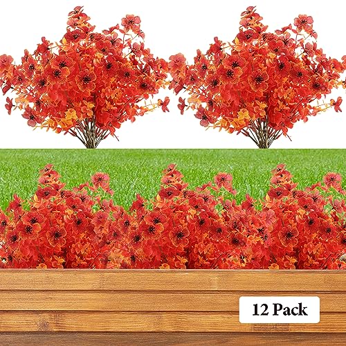 Artificial Fall Flowers Outdoor UV Resistant Fake Mums Bulk Outdoor Faux Mums Plants Plastic Flower Decorations for Home Garden Porch Hanging Planter Vase Autumn Decor Outside, 12 Bundles (Orange) - color: Orange, size: 12PCS