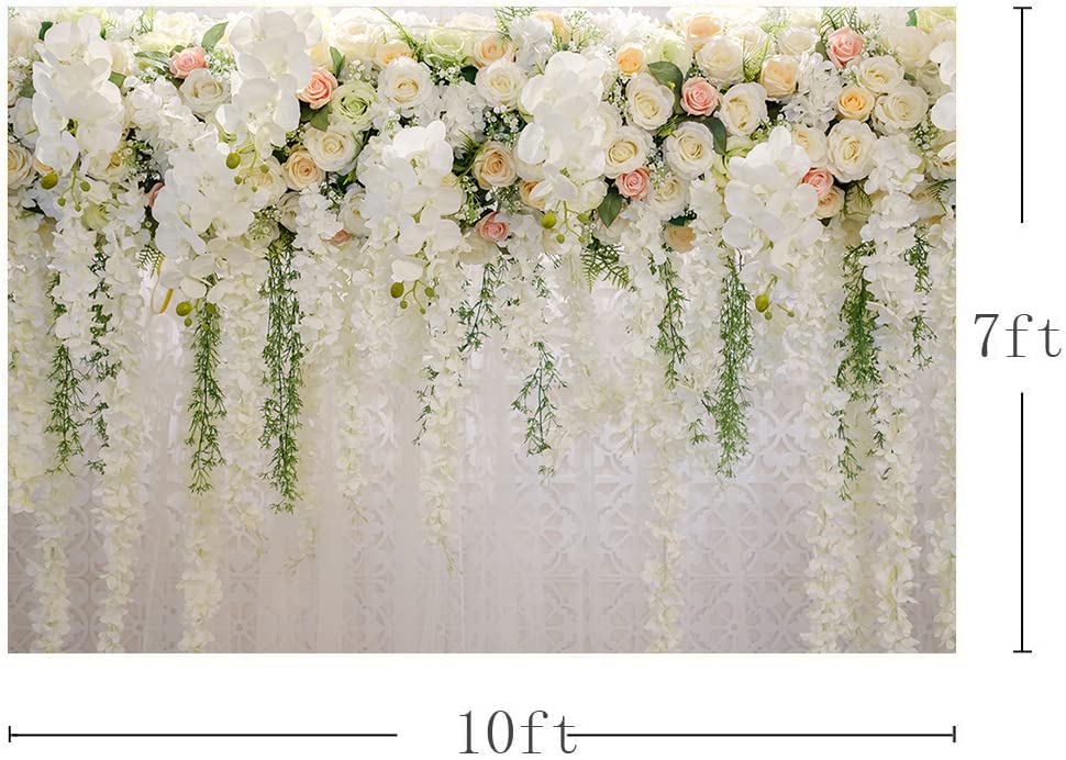 Mocsicka Wedding Flower Backdrop Wall Floral Bridal Shower Backdrops for Photoshoot Wedding Decoration for Reception White Rose Floral Photography Background Banner(10x7ft) - size: 10x7ft