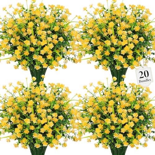 20 Bundles Artificial Flowers for Outdoors Fake Plastic Flowers UV Resistant Realistic Faux Plants Shrubs for Spring Summer Garden Porch Yard Patio Planter Window Box Home Decor, Yellow - color: Yellow