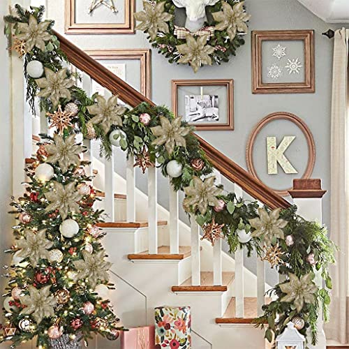Briful 9'' Christmas Poinsettia Flowers 8PCS Champagne Glitter Artificial Flowers Large Christmas Ornament Flowers for Xmas Tree Wreath Garland Decoration - color: Champagne