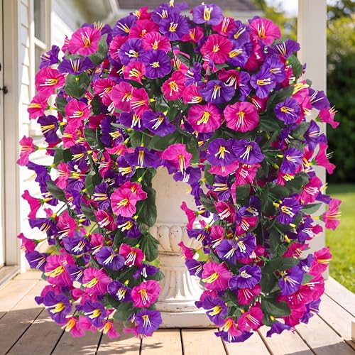 Artificial Fake Hanging Flowers Plants for Outdoor Outside Spring Summer Decoration 4PCS Faux Silk UV Resistant Realistic Morning Glory Trailing Vines for Home Porch Patio Balcony(Purple & Magenta) - color: Purple & Magenta, size: 4Pcs