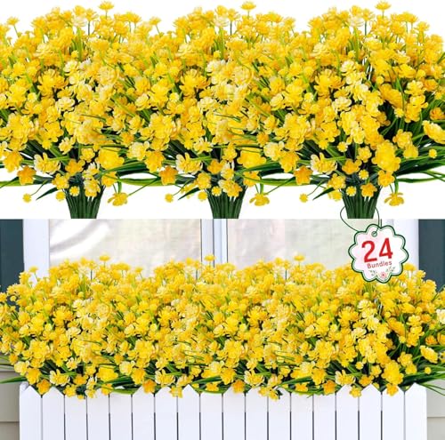 6 Bundles Artificial Flowers for Outdoors UV Resistant Fake Plastic Plants Faux Boston Fern Greenery Stems for Spring Summer Indoor Garden Patio Window Box Kitchen Home Decor (Yellow) - color: 6bundles--flower Yellow