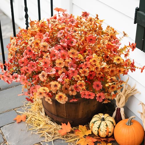florisso Artificial Fall Flowers Fake Mums for Outdoor Autumn Decoration, 12 Bundles Faux Silk Orange Yellow Mums Daisy Look Real UV Resistant for Outside Home Porch Patio Planter - color: Fall Orangeyellow
