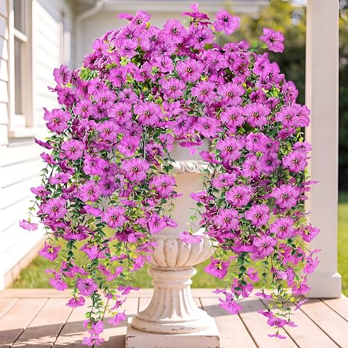 Sggvecsy Artificial Fake Hanging Flowers Plants for Outdoor Outside Spring Summer Decoration 2PCS Faux Silk UV Resistant Realistic Mums Daisy with Eucalyptus for Home Porch Patio Balcony(Magenta) - color: Magenta