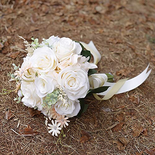 Ansofi Wedding Bouquets for Bride Bridesmaid Tossing Wedding Bouquet Beige White Rose Artificial Bridal Bouquet for Boho Rustic Wedding Ceremony Anniversary - color: Bridesmaid Bouquet