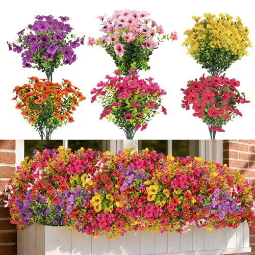 CLEANGOR 12 Pcs Artificial Daisy Flowers for Outdoors (6 Color) | UV Resistant Artificial Outdoor Plants, Fake Daisy with Eucalyptus Leaves, for Spring Summer Garden, Porch, Home Decor - color: Mix1(red+pink+purple+yellow+orange+rose Red)