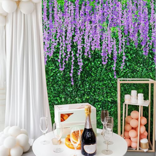 54 Pack Greenery Backdrop with Flowers Include 18 Pcs 16" x 24" Grass Wall Panels Artificial Hedge Boxwood Panels 36 Pcs 3.6 Feet Wisteria Hanging Flowers Garland for Wedding Summer(Purple) - color: Purple