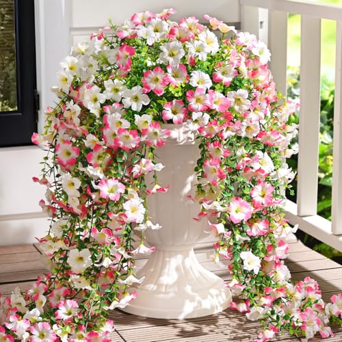 Waipfaru Artificial Petunias Flowers for Outdoors, 2 Pcs UV Resistant Fake Hanging Plants Spring Outside Decor, Faux Silk Flowers Long Trailing Vines for Outdoor Planters Porch Garden (Pink White) - color: Pink, size: 2 PCS