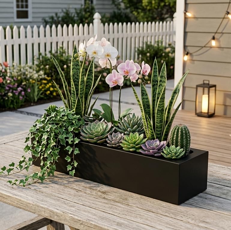 Oblong Faux Succulent Arrangement – Rectangular Planter for Indoor/Outdoor – Low-Maintenance, Weather-Resistant – Effortless Nature-Inspired Décor for Tabletops, Porches & Patios (Excludes Plants)