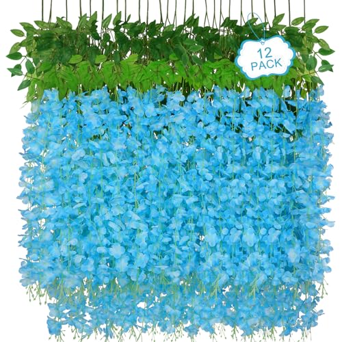 12Pcs Artificial Wisteria Hanging Flowers, 3.6Ft/Pcs Blue Fake Wisteria Garland for Wedding Party Home Garden Indoor Outdoor Decoration - color: Blue, size: 12Pcs