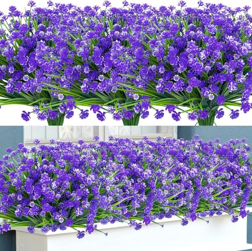 6 Bundles Artificial Flowers for Outdoors Fake Plastic Plants Faux Shrubs Greenery UV Resistant for Spring Summer Garden Patio Window Box Office Table Kitchen Home Decoration (Purple) - color: 6bundles--flower Purple
