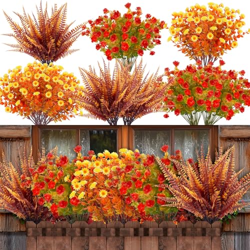 20 Bundles Artificial Fall Flowers for Outdoors Fall Decorations - UV Resistant Fake Mums Faux Fall Plants Plastic Flowers for Garden Porch Fireplace Patio Home Indoor Autumn Fall Thanksgiving Decor - color: Mix Orange Brown Yellow, size: 20 Bundles
