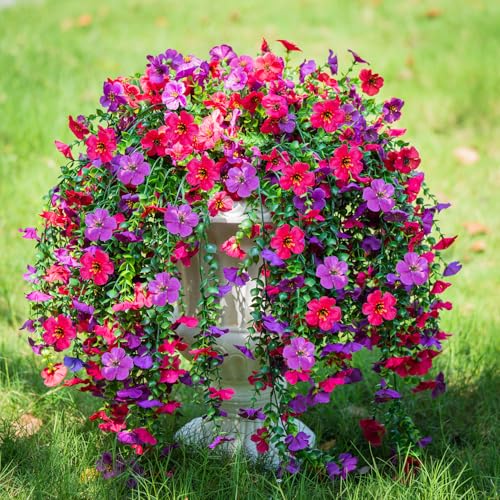 2 PCS Artificial Hanging Flowers for Outdoors Decorations, Spring Summer Realistic Silk Daisy with Eucalyptus, UV Resistant Faux Plants for Patio Home Decor Window Box (Rose Red&Light Purple) - color: Purple + Hot Pink&2pcs Hanging