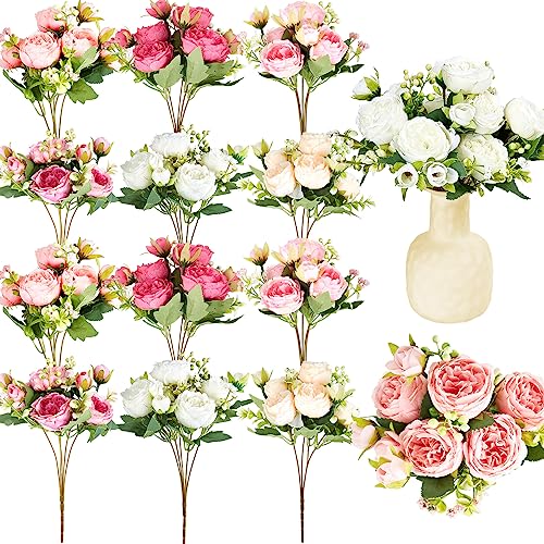 Jexine Artificial Peonies Flowers Bouquet Silk Faux Peony Fake Peonies Artificial Flowers Bouquets for Vase Floral Arrangements Wedding Home Table Decoration(Colorful,12 Bundles) - color: Multicolored