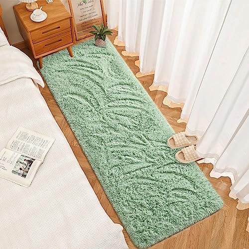 DweIke Fluffy Sage Green Runner Rugs for Bedroom, 2x6 Feet Soft Plush Long Runners for Girls Boys Kids, Non-Slip and Machine Washable Bedside Rug, Small Throw Carpet for Hallway Rooms Decor - color: Green, size: 2 Ft X 6 Ft