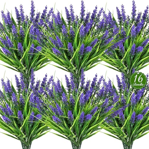 16 Bundles Artificial Plants Outdoor, UV Resistant Fake Lavender & Monkey Grass, Realistic Plastic Faux Plants for Balcony, Patio, Porch Greenery Decor, Planter Filler(Purple) - color: Purple, size: 16PCS