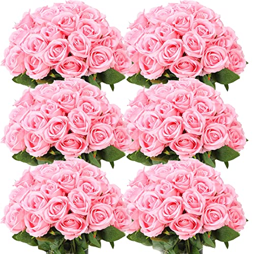 Jexine 50 Pcs Artificial Rose Flower Bulk Realistic Silk Fake Roses with Long Stem Plastic Artificial Flower Bouquet Real Looking for Home Wedding Centerpieces Party Decoration(Pink) - color: Pink