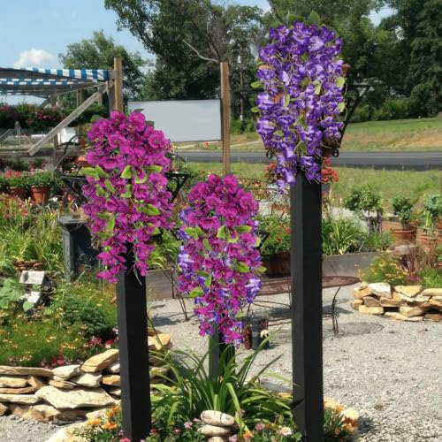 2 Pcs Fake Hibiscus Artificial Hanging Flowers Plants for Outdoors Realistic UV Resistant Spring Summer Decor Silk Faux Hibiscus Flowers Trailing Vines for Front Door Porch Outside - color: Purple, Fuchsia