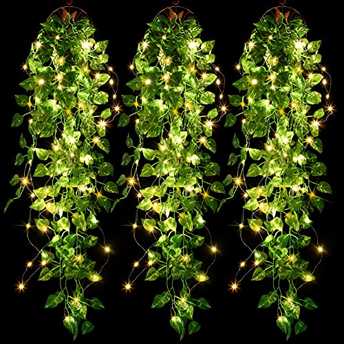 Mudder 3 Packs LED Artificial Hanging Plants, 3.6 ft Fake Hanging Plant, Ivy Vine Fake Leaves Greeny Chain Wall Home Room Garden Wedding Garland Outside Decor (Basket Not Included) (Greenery Style) - color: Greenery Style