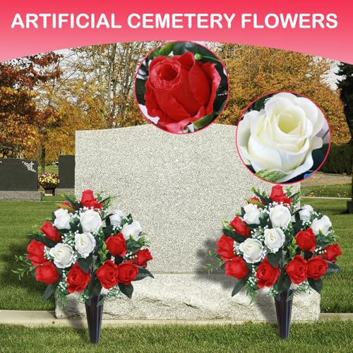 Lodou Set of 2 Artificial Cemetery Flowers, Memorial Flowers Bouquet,Grave Memorial Flowers with Vase for Cemetery Headstones Decoration (Red White) - color: Red White