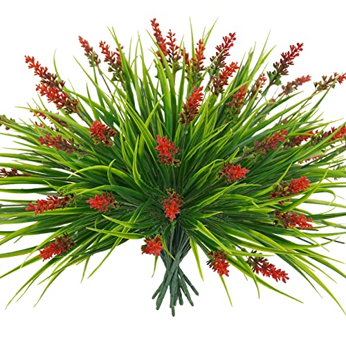 obbsie 36 Bundles Artificial Plants Outdoor, 18.2" UV Resistant Faux Monkey Grass Greenery Stems No Fade Faux Plastic Flowers Shrubs for Home Weddings Garden Porch Front Patio Office Decor - Red - color: Red, size: 36 Pcs
